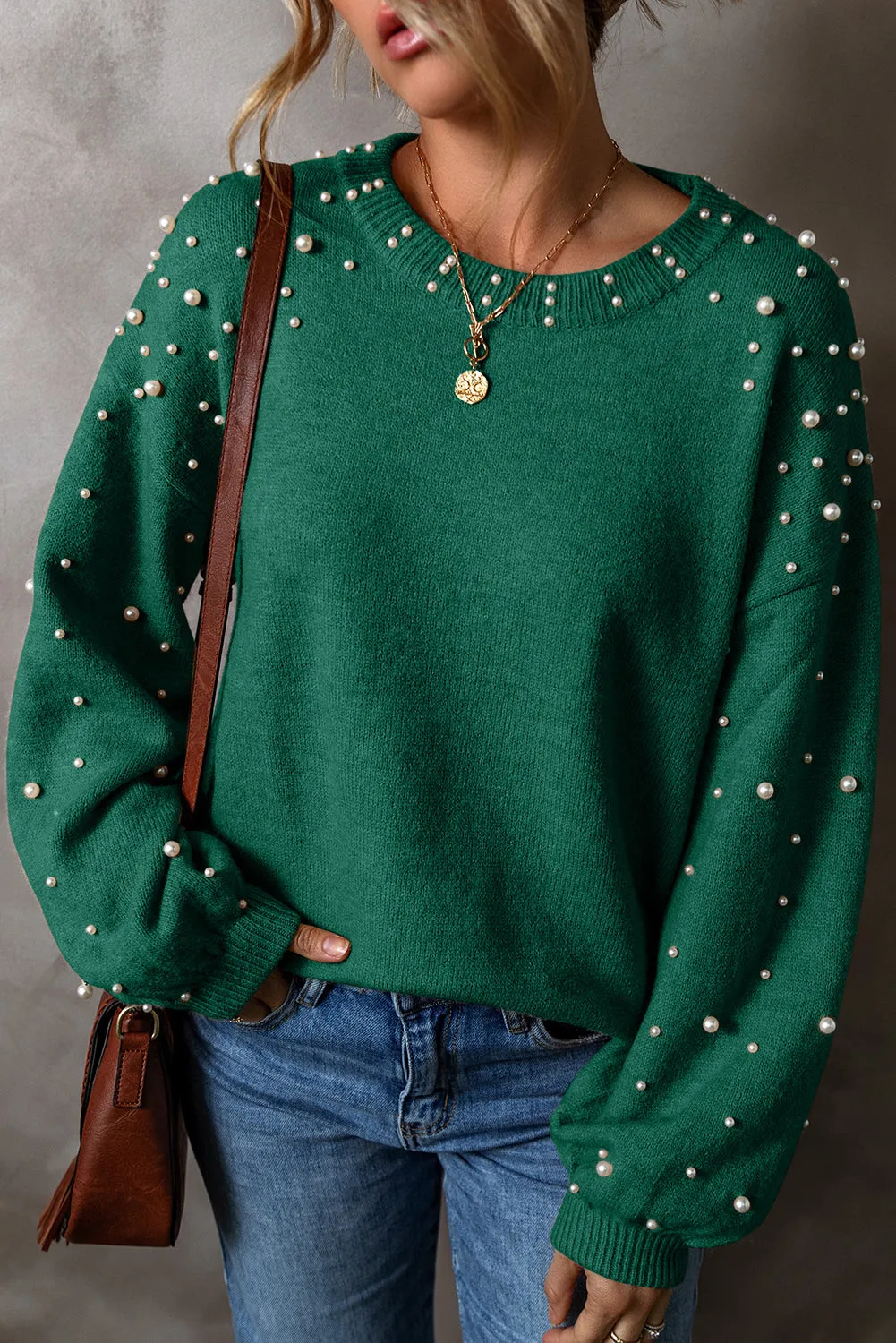 Evergreen Pearled Drop Shoulder Round Neck Sweater sold by Beagle Boutique