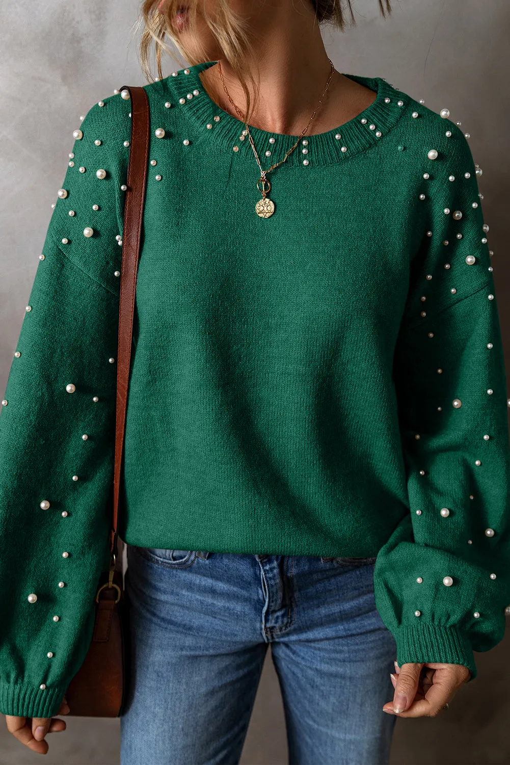 Evergreen Pearled Drop Shoulder Round Neck Sweater sold by Beagle Boutique product image thumbnail 3