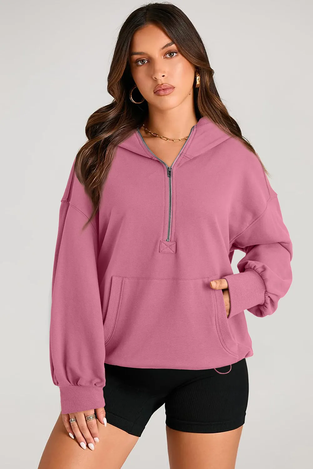 Valerian Solid Kangaroo Pocket Half Zipper Oversized Hoodie sold by Beagle Boutique product image thumbnail 3