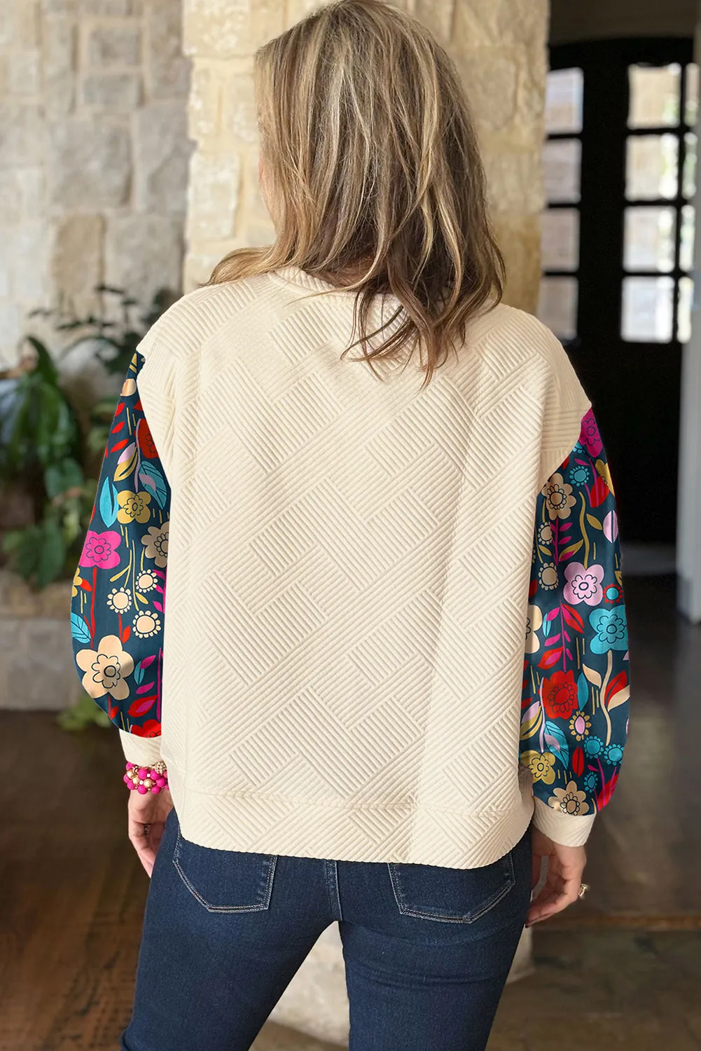 White Floral Patchwork Sleeve Textured Plus Size Pullover Top sold by Beagle Boutique product image thumbnail 2