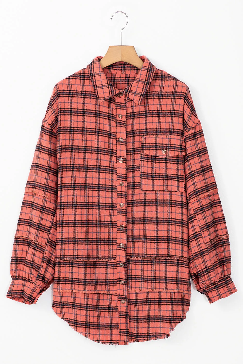 Red Plaid Long Sleeeve Side Split Distressed Hem Shirt sold by Beagle Boutique product image thumbnail 4