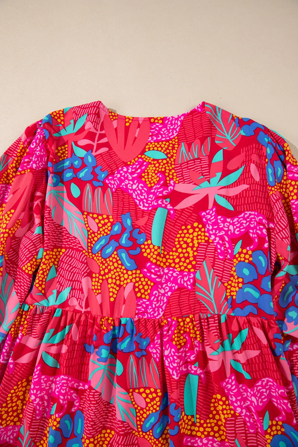 Rose Tropical Printed Lantern Sleeve V Neck Ruffled Plus Size Mini Dress sold by Beagle Boutique product image thumbnail 5