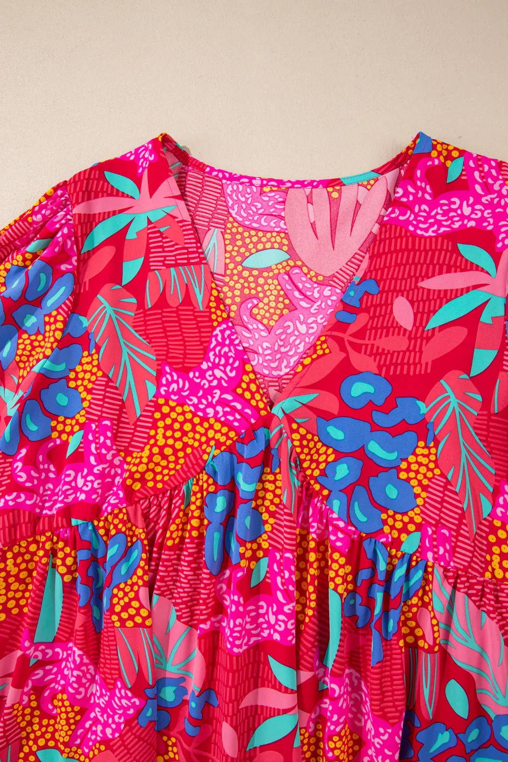 Rose Tropical Printed Lantern Sleeve V Neck Ruffled Plus Size Mini Dress sold by Beagle Boutique product image thumbnail 4