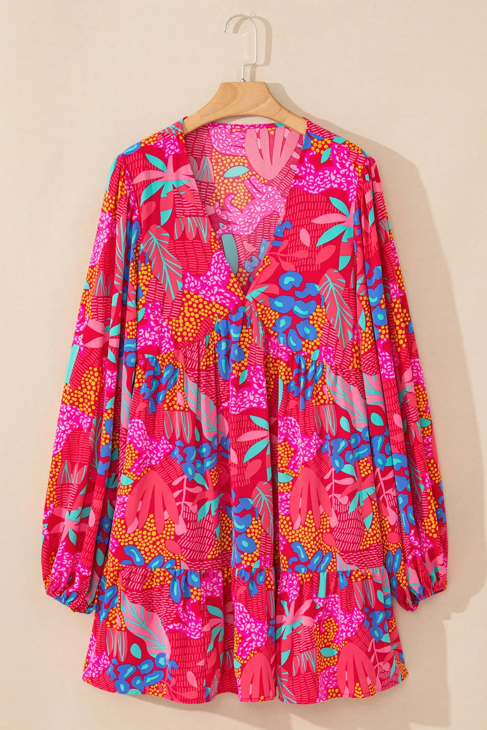 Rose Tropical Printed Lantern Sleeve V Neck Ruffled Plus Size Mini Dress sold by Beagle Boutique