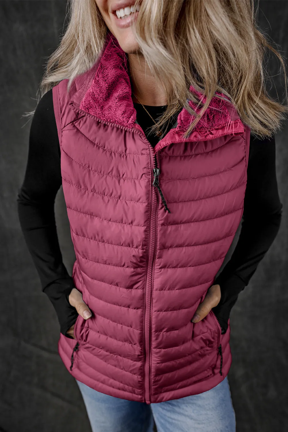 Burgundy Plush Collared Quilted Zipped Puffer Vest sold by Beagle Boutique product image thumbnail 3