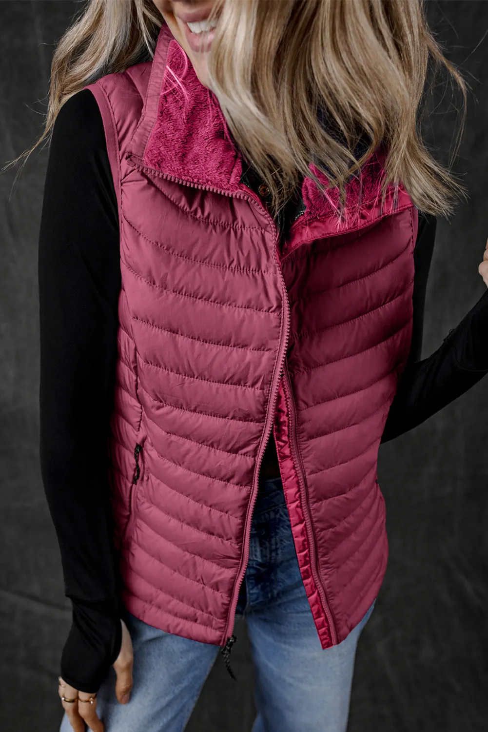 Burgundy Plush Collared Quilted Zipped Puffer Vest sold by Beagle Boutique product image thumbnail 5