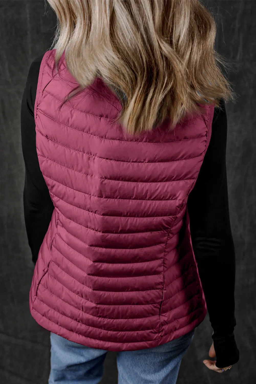 Burgundy Plush Collared Quilted Zipped Puffer Vest sold by Beagle Boutique product image thumbnail 2