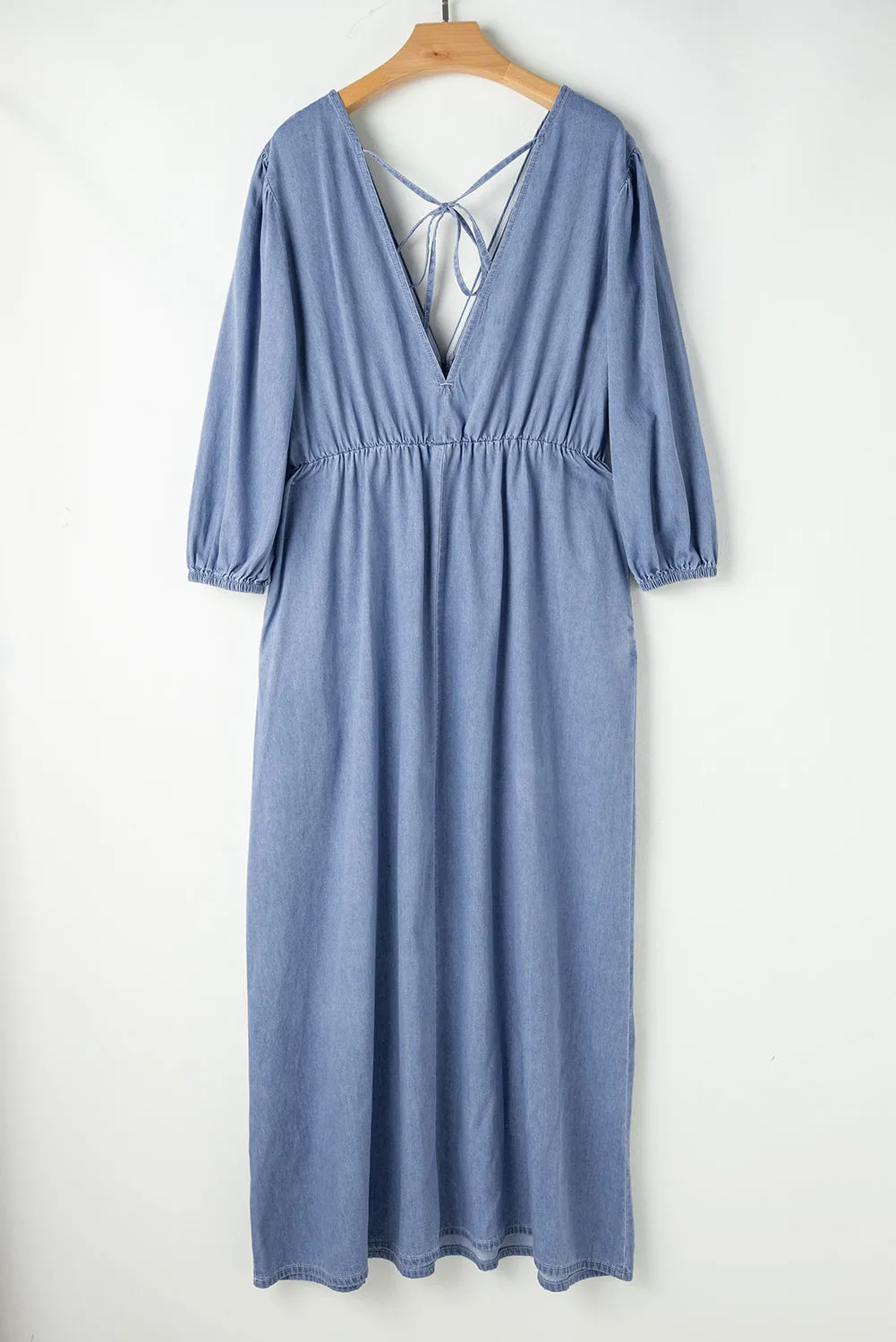 Blue Chambray Deep V Neck Bracelet Sleeve Maxi Dress sold by Beagle Boutique product image thumbnail 3