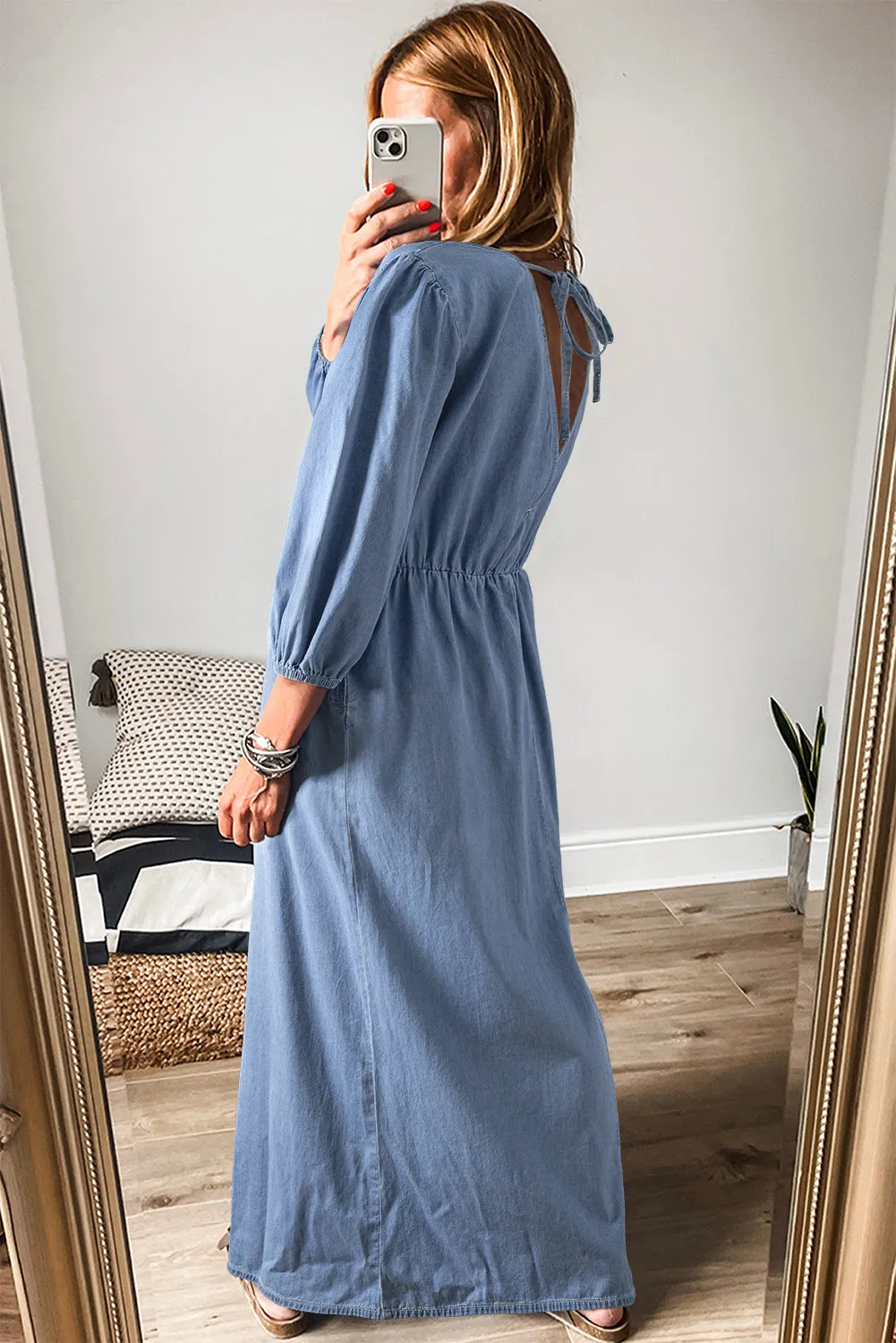 Blue Chambray Deep V Neck Bracelet Sleeve Maxi Dress sold by Beagle Boutique product image thumbnail 2