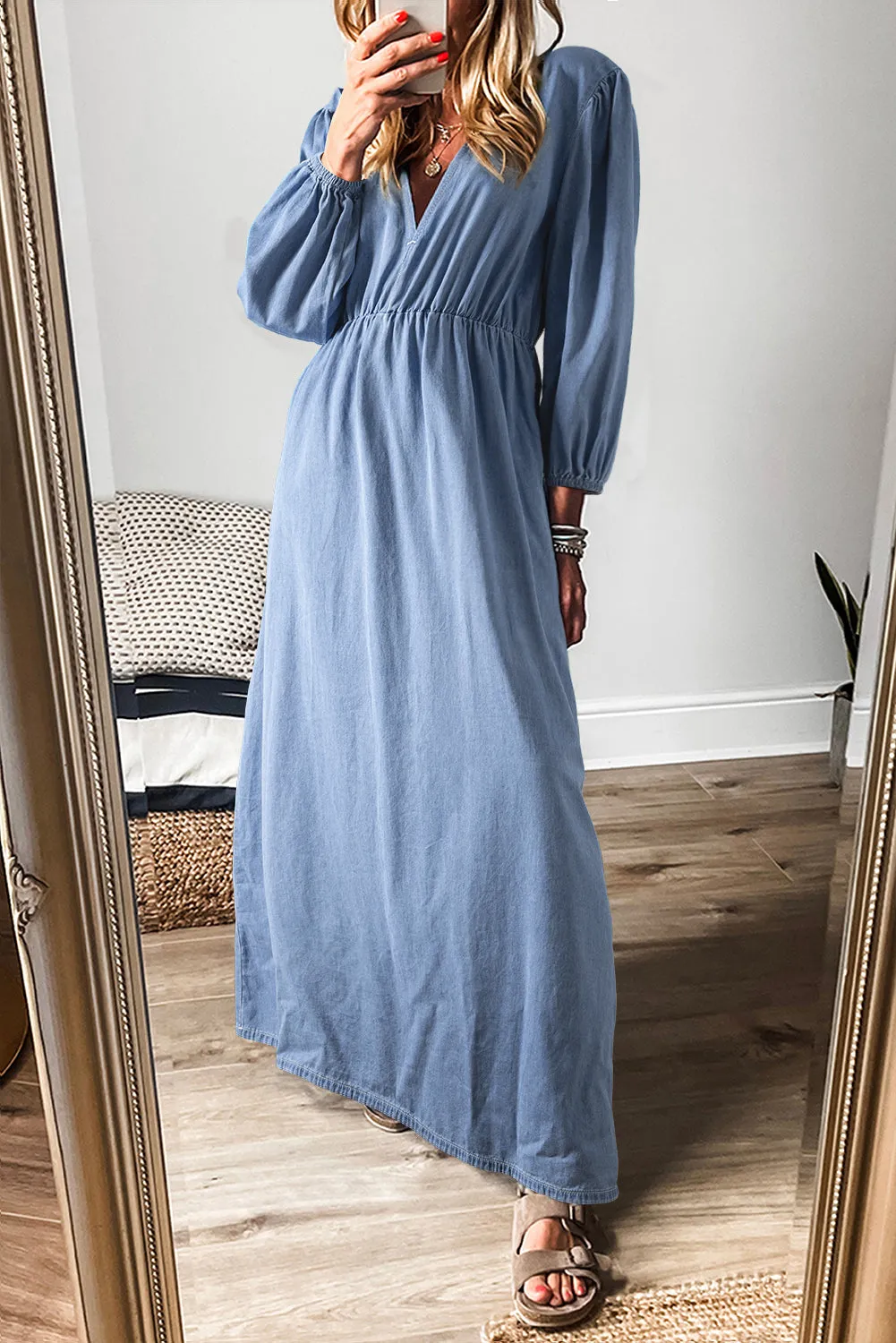 Blue Chambray Deep V Neck Bracelet Sleeve Maxi Dress sold by Beagle Boutique
