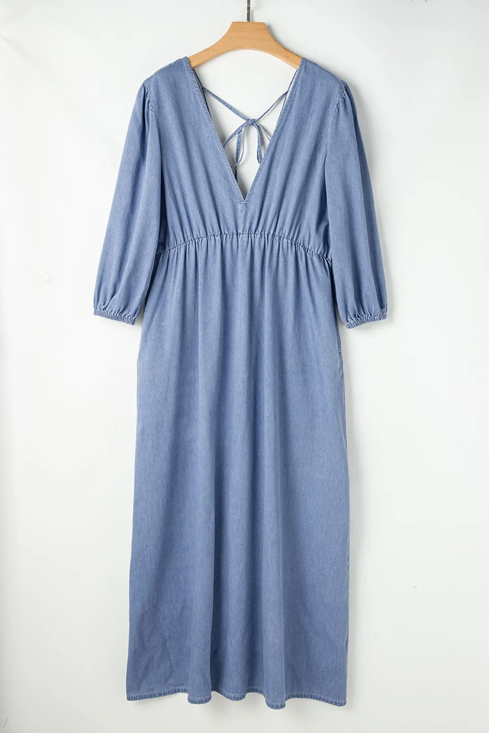 Blue Chambray Deep V Neck Bracelet Sleeve Maxi Dress sold by Beagle Boutique product image thumbnail 4