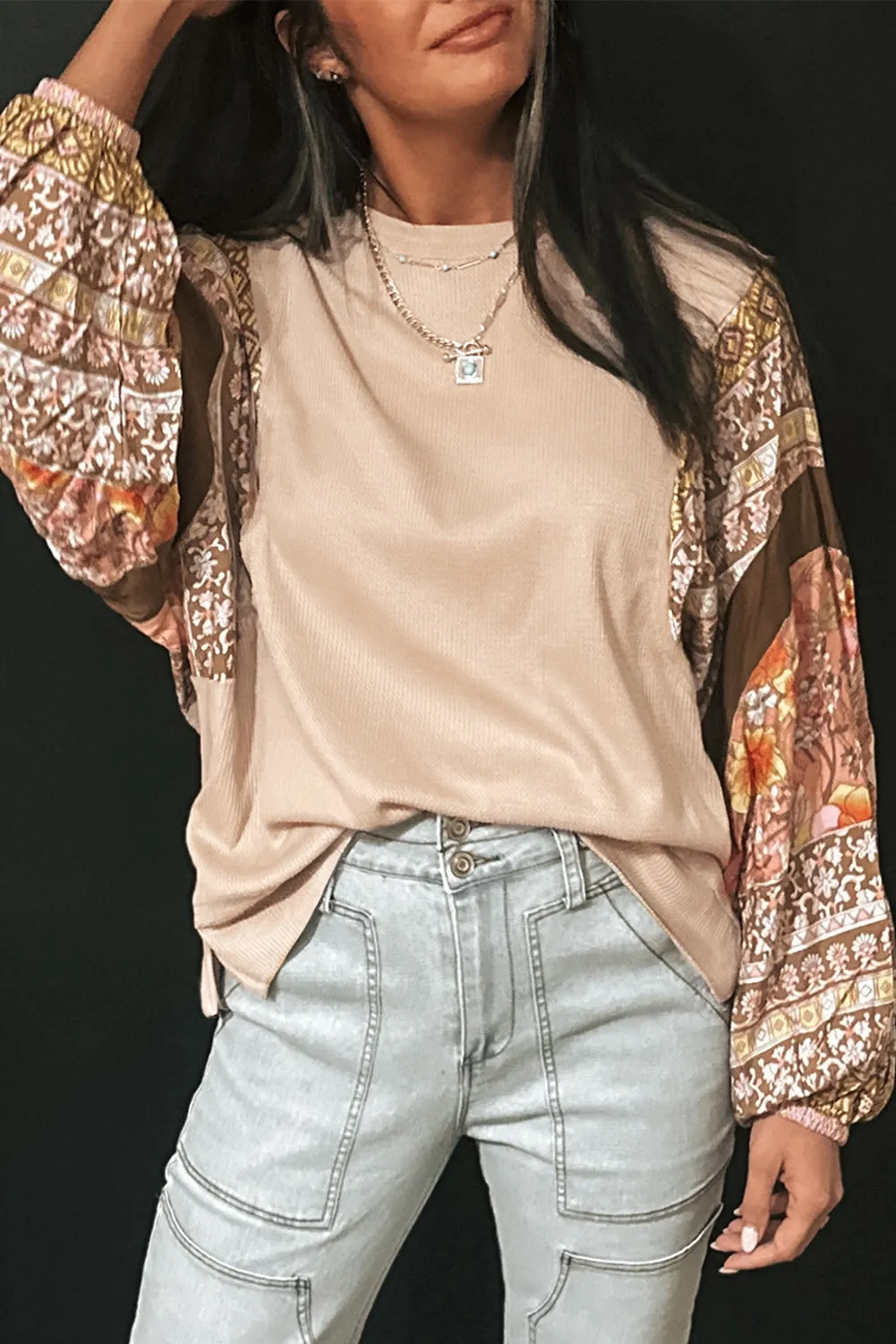 Parchment Contrast Floral Patchwork Puff Sleeve Waffle Knit Top sold by Beagle Boutique product image thumbnail 4