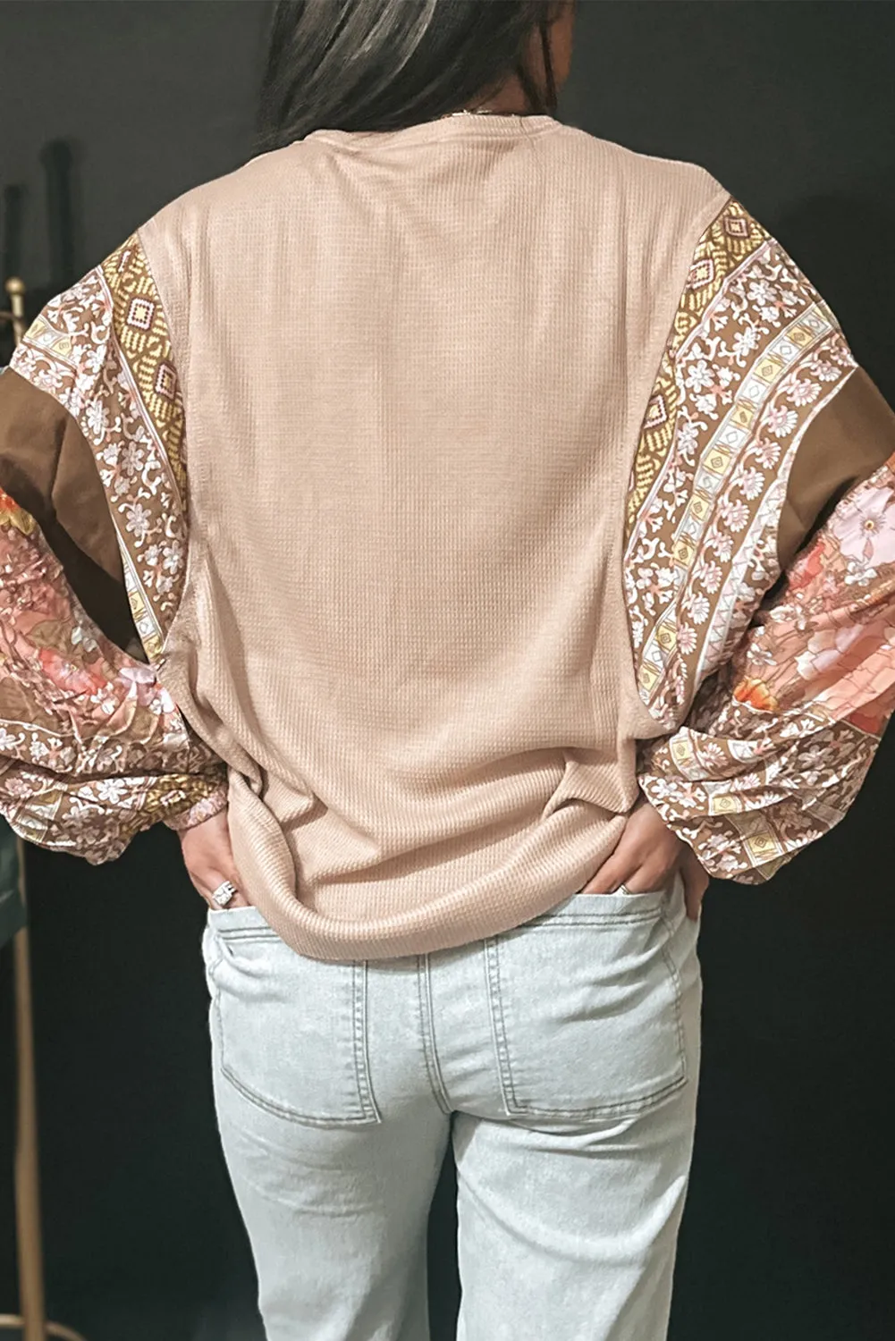 Parchment Contrast Floral Patchwork Puff Sleeve Waffle Knit Top sold by Beagle Boutique product image thumbnail 2
