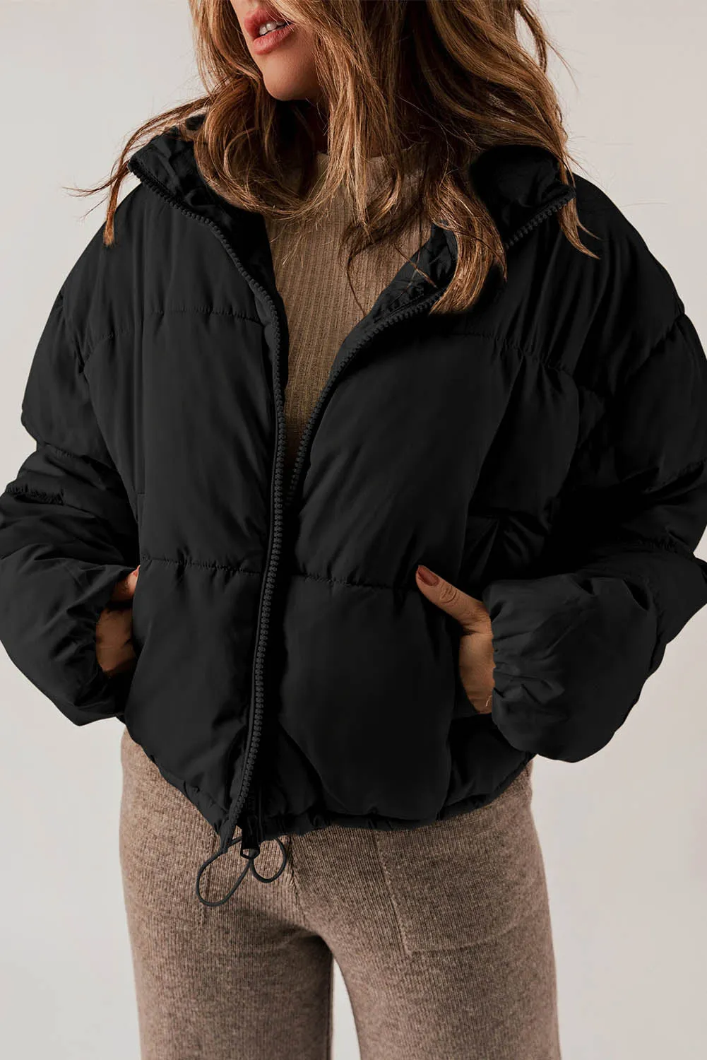 Black Zip Up Drawstring Hem Puffer Coat sold by Beagle Boutique product image thumbnail 3