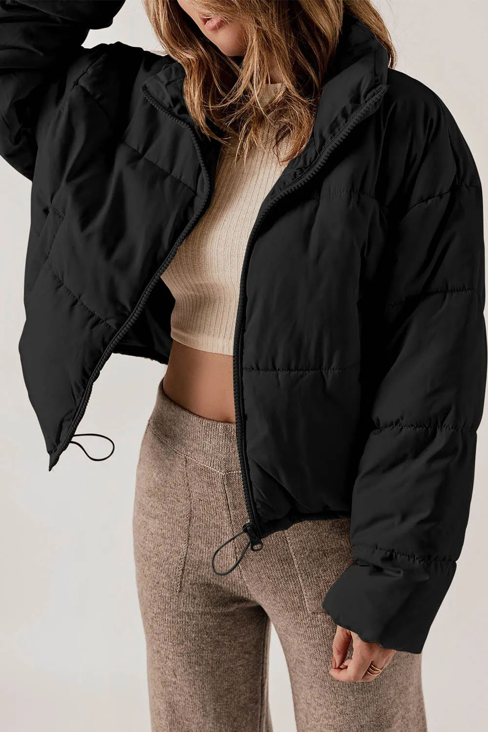 Black Zip Up Drawstring Hem Puffer Coat sold by Beagle Boutique product image thumbnail 5