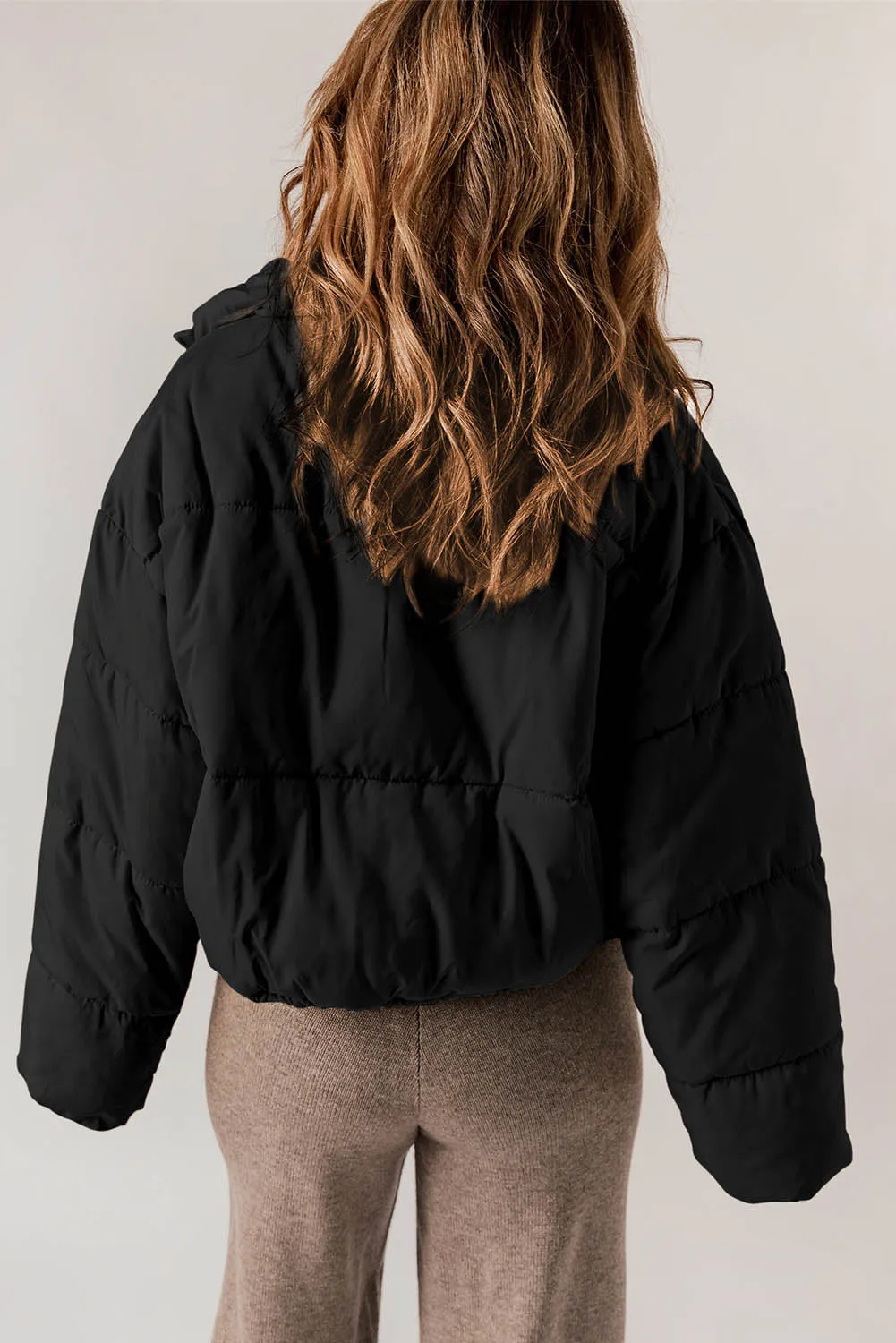 Black Zip Up Drawstring Hem Puffer Coat sold by Beagle Boutique product image thumbnail 2