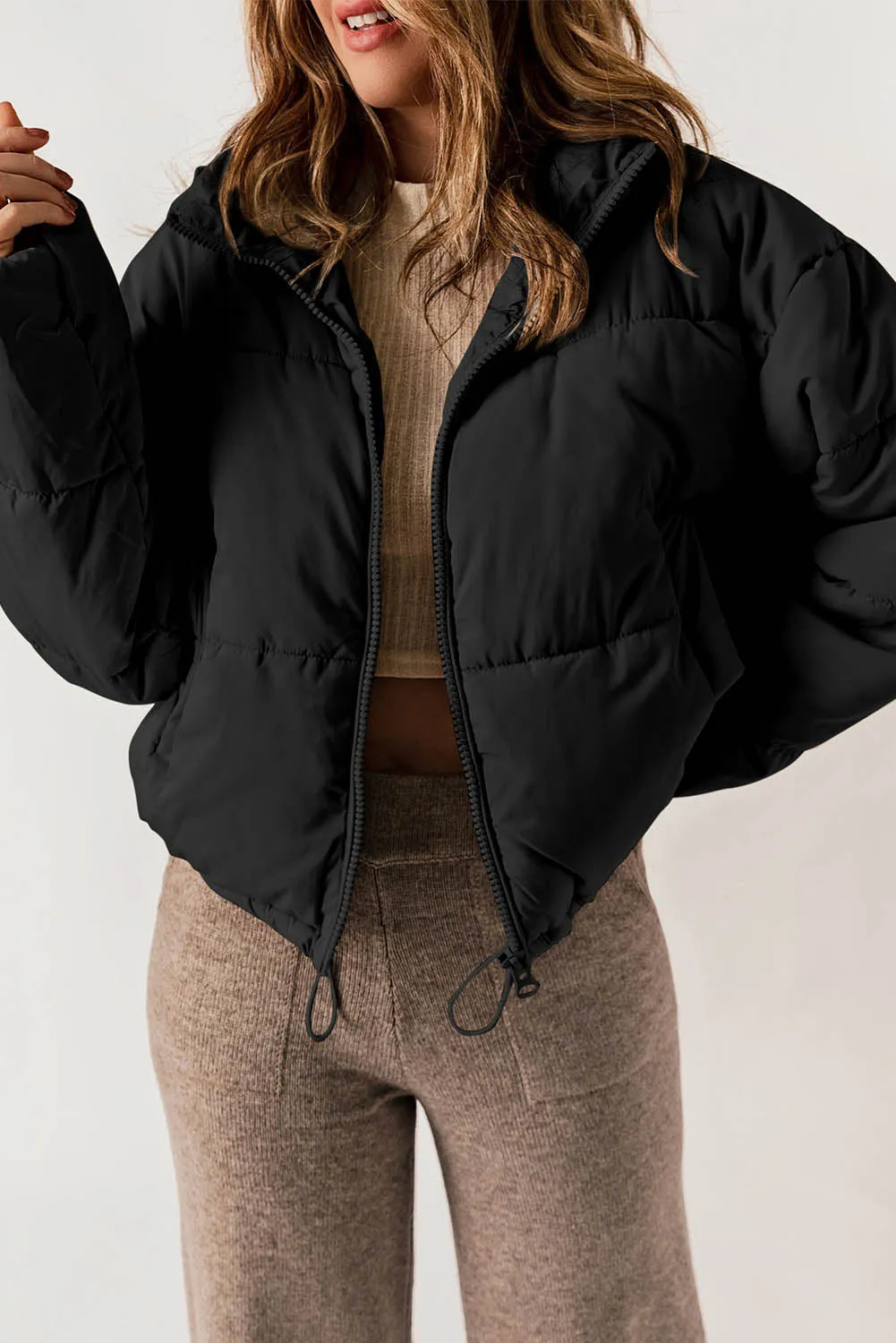 Black Zip Up Drawstring Hem Puffer Coat sold by Beagle Boutique product image thumbnail 4