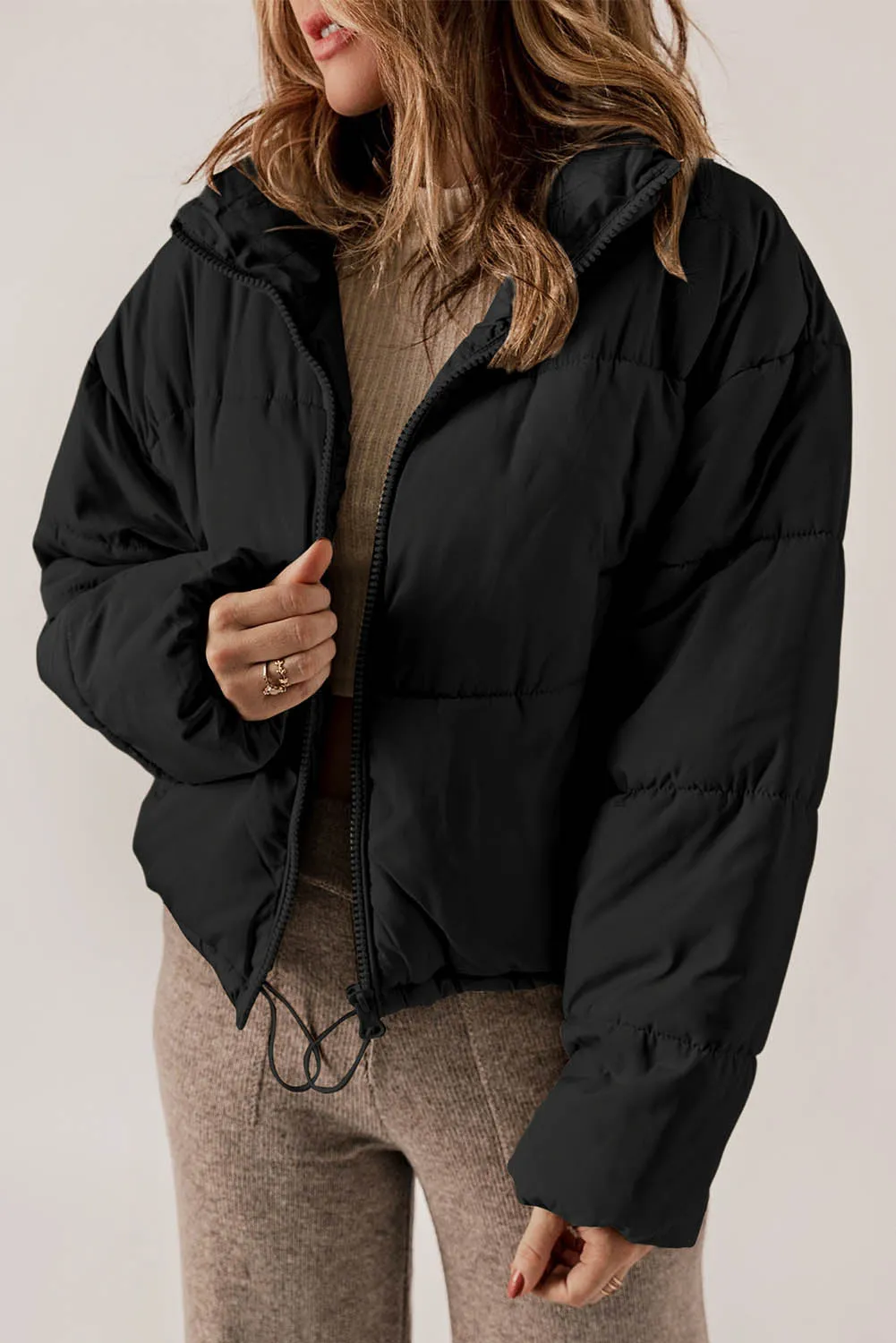 Black Zip Up Drawstring Hem Puffer Coat sold by Beagle Boutique