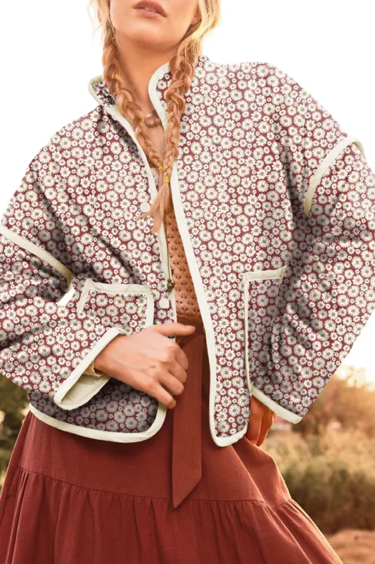Pink Floral Print Contrast Edge Stand Neck Coat sold by Beagle Boutique