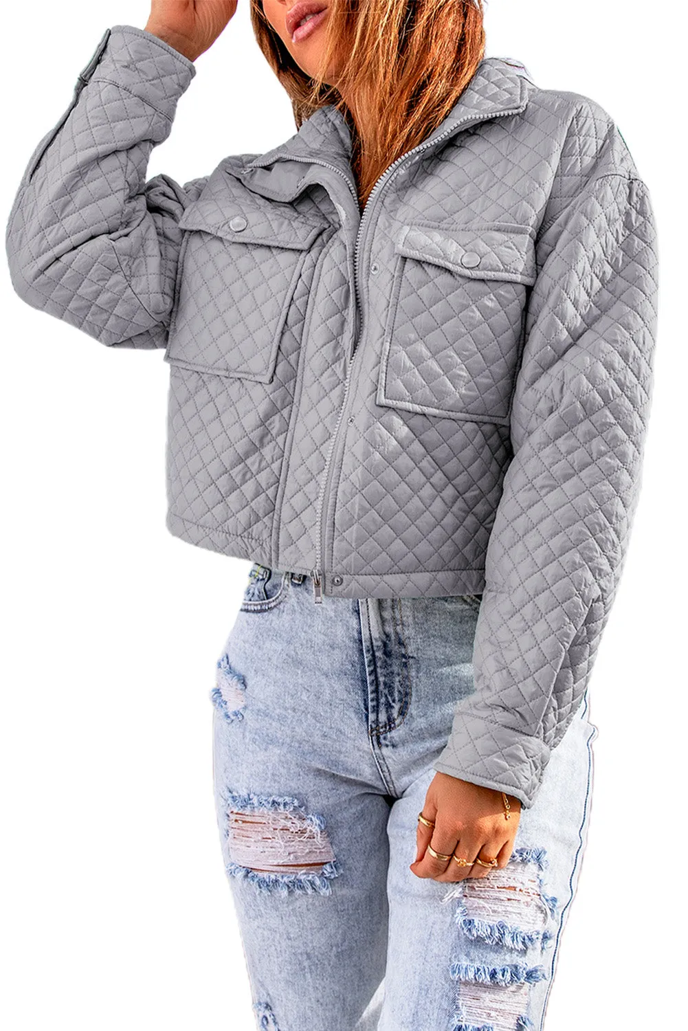 Grey Quilted Pocketed Zip-up Cropped Jacket sold by Beagle Boutique product image thumbnail 5