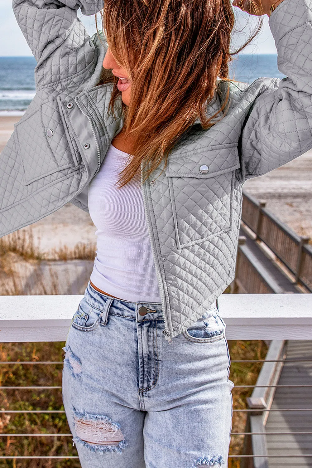 Grey Quilted Pocketed Zip-up Cropped Jacket sold by Beagle Boutique product image thumbnail 3
