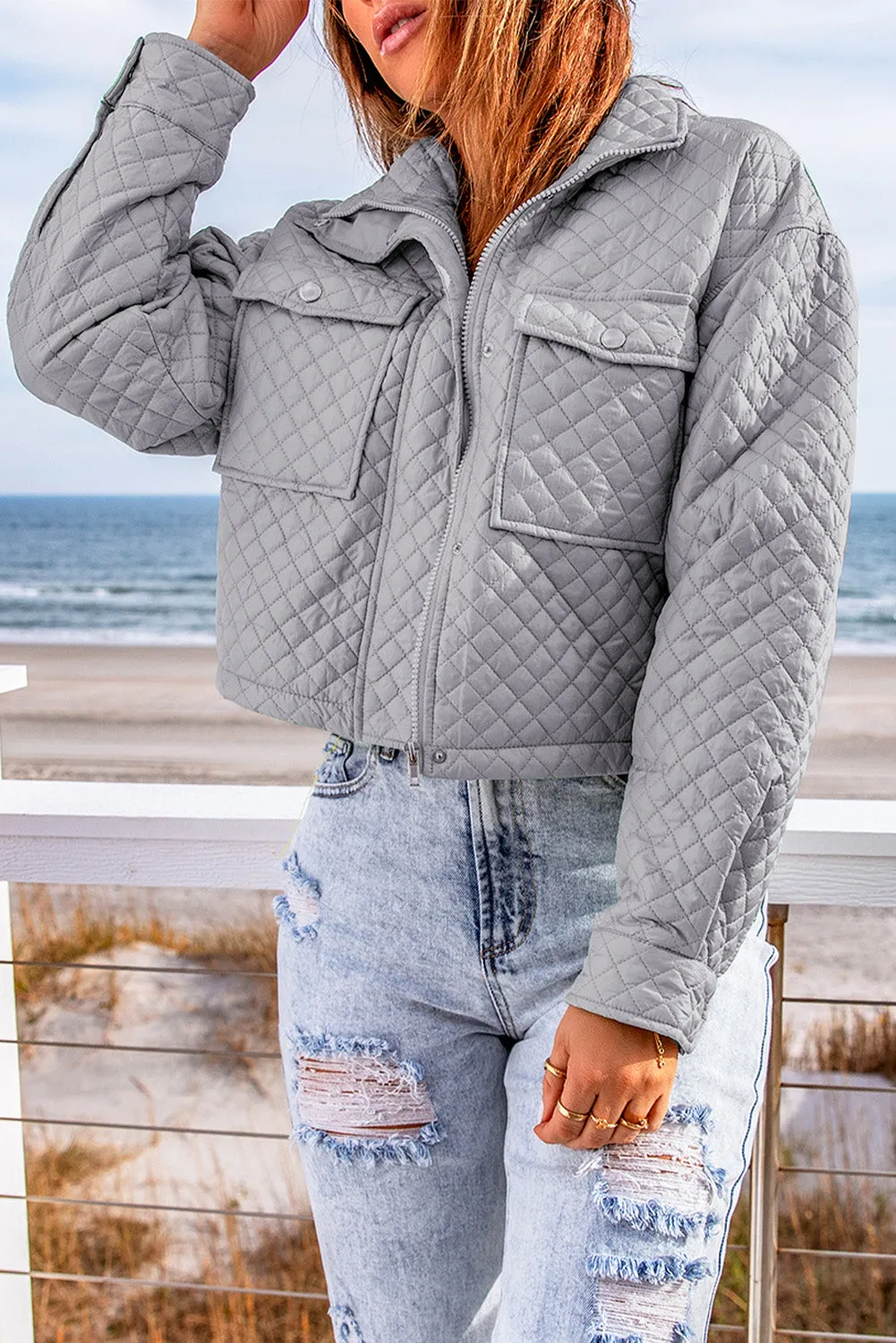 Grey Quilted Pocketed Zip-up Cropped Jacket sold by Beagle Boutique