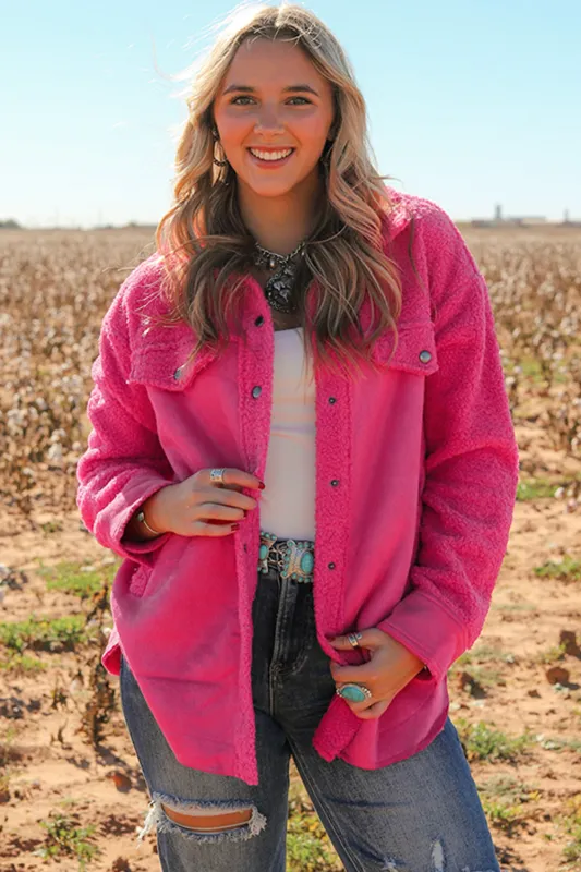 Bright Pink Faux Suede Sherpa Patchwork Button-up Shacket sold by Beagle Boutique
