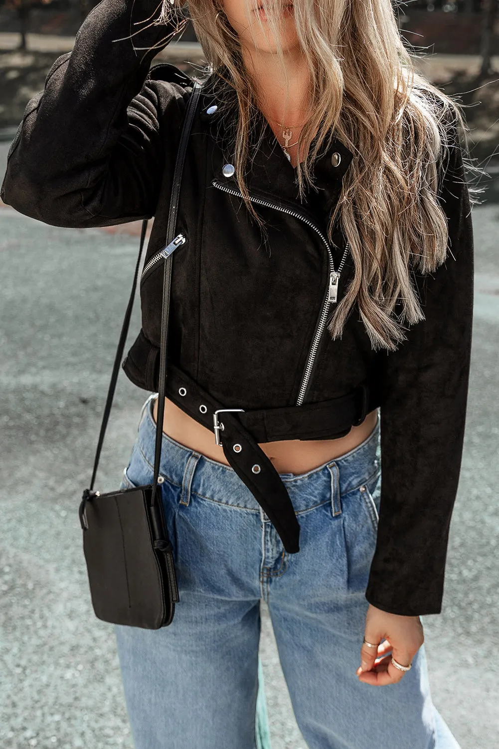 Black Asymmetric Zipper Belted Hem Jacket sold by Beagle Boutique product image thumbnail 3