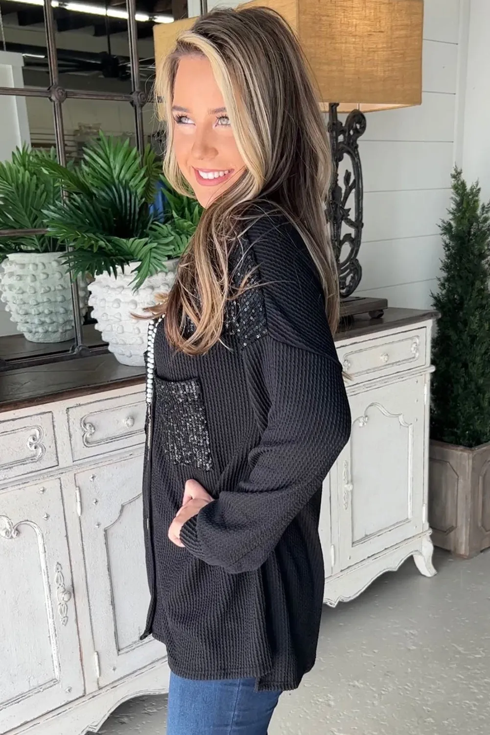 Black Sequin Patch Chest Pocket Corduroy Shacket sold by Beagle Boutique product image thumbnail 2