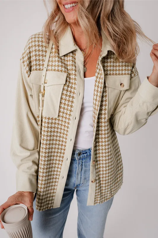 Parchment Houndstooth Corduroy Patchwork Flap Pocket Shacket sold by Beagle Boutique