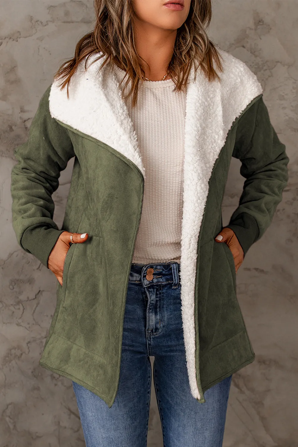 Green Faux Suede Fleece Lined Open Front Jacket sold by Beagle Boutique