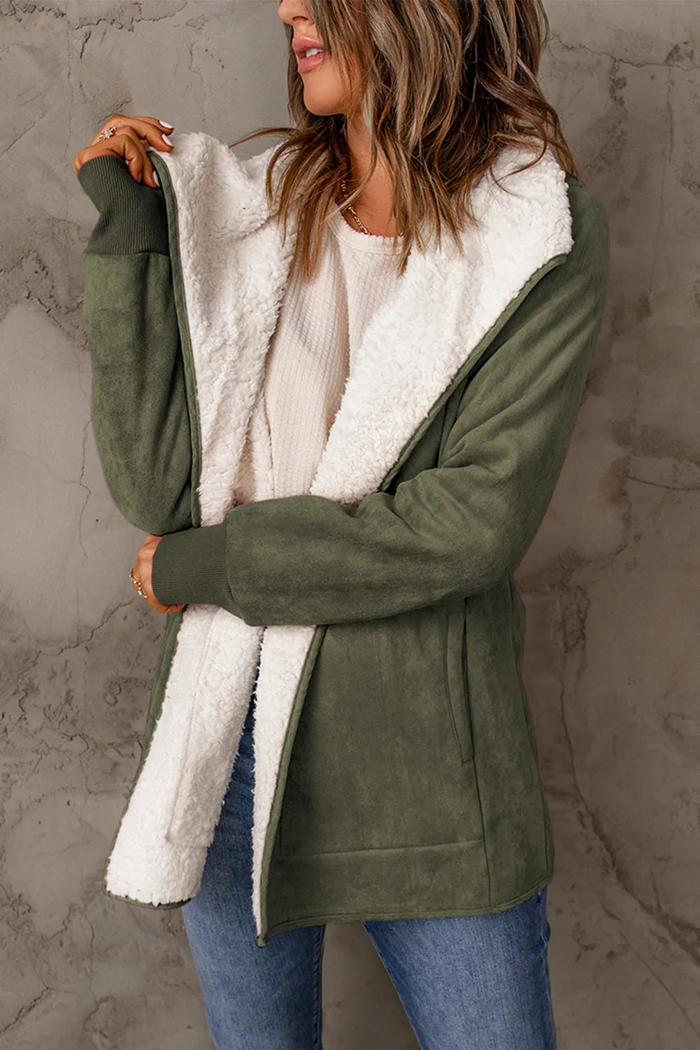 Green Faux Suede Fleece Lined Open Front Jacket sold by Beagle Boutique product image thumbnail 3