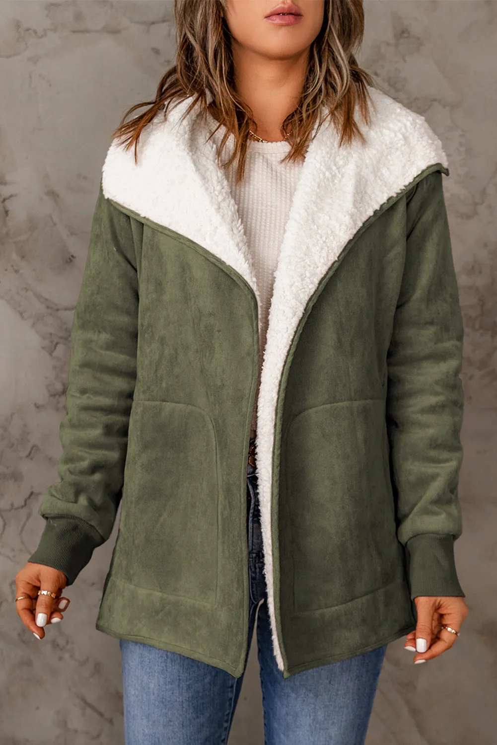 Green Faux Suede Fleece Lined Open Front Jacket sold by Beagle Boutique product image thumbnail 5