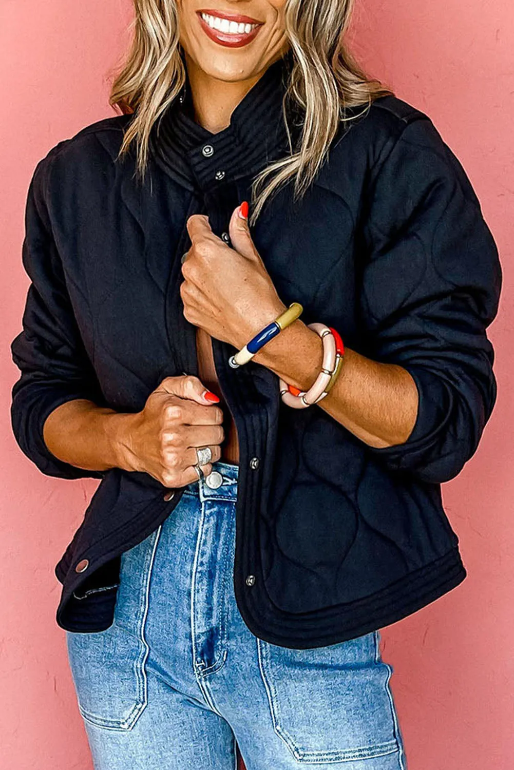 Black Solid Colour Quilted Snap Button Jacket sold by Beagle Boutique