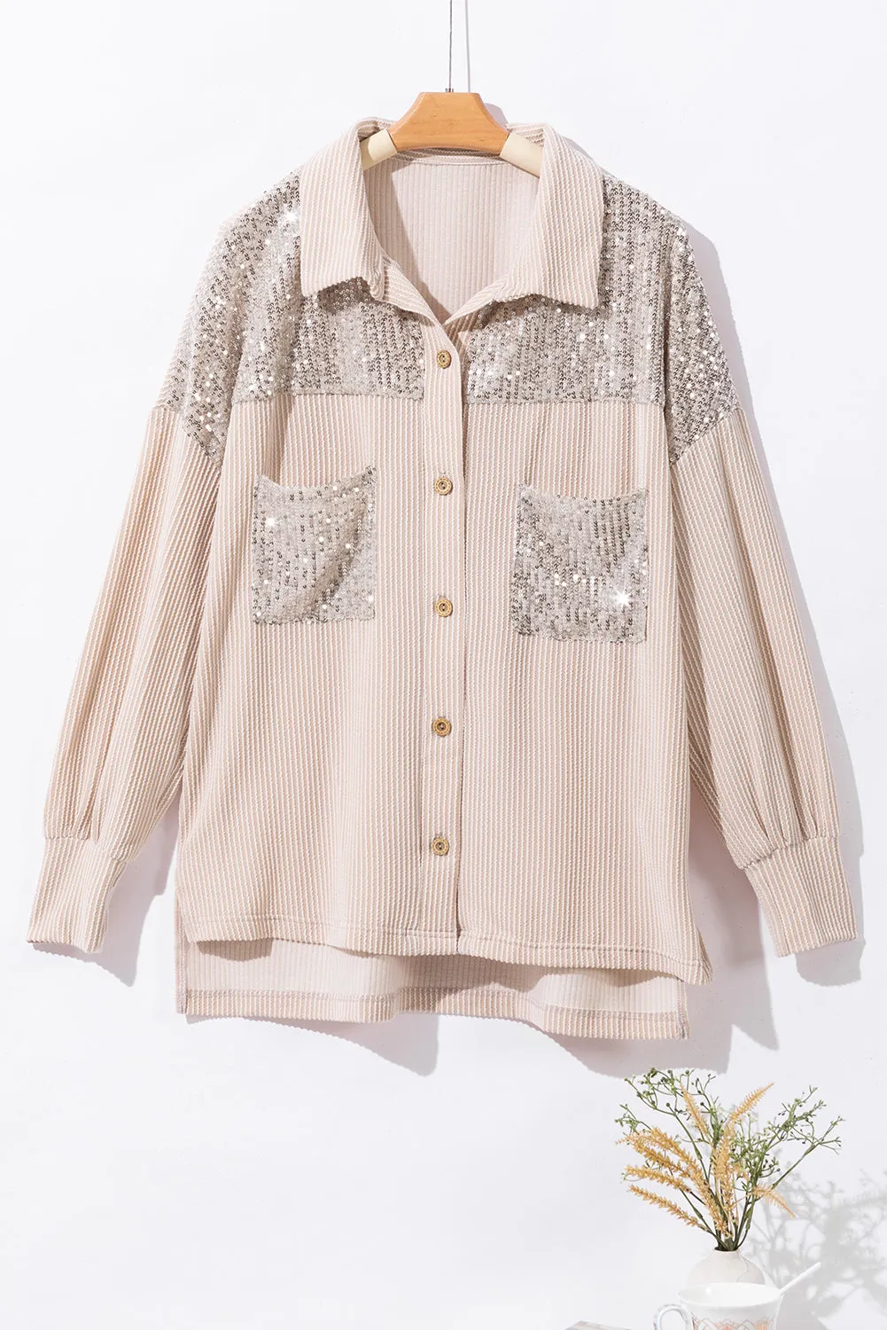 Parchment Sequin Patch Chest Pocket Corduroy Shacket sold by Beagle Boutique product image thumbnail 5