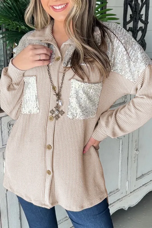 Parchment Sequin Patch Chest Pocket Corduroy Shacket sold by Beagle Boutique
