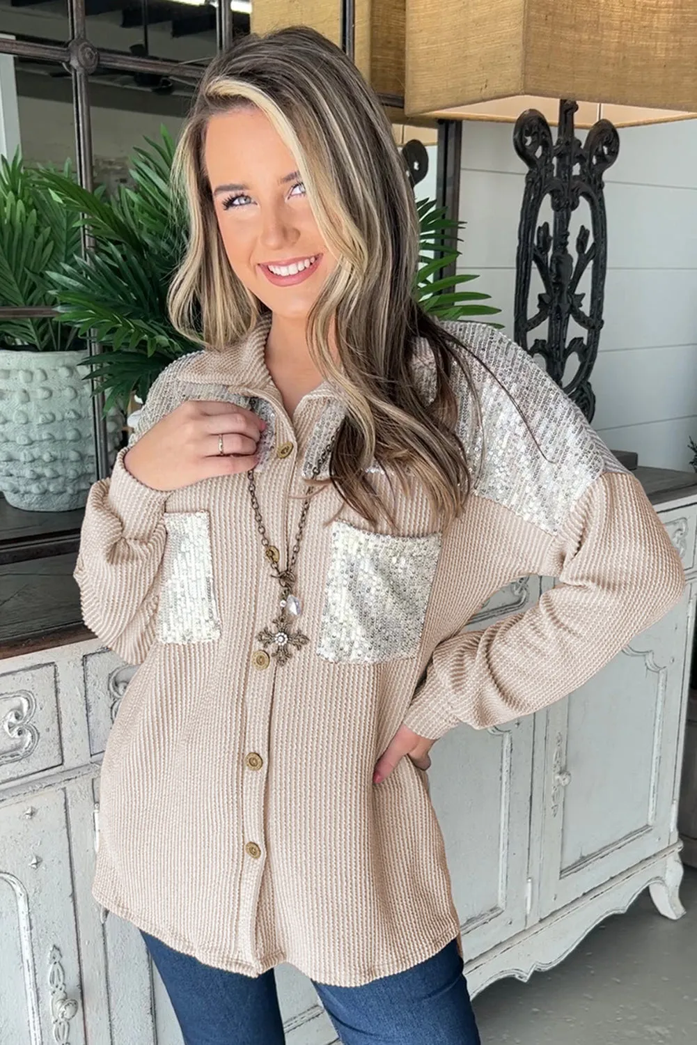 Parchment Sequin Patch Chest Pocket Corduroy Shacket sold by Beagle Boutique product image thumbnail 4