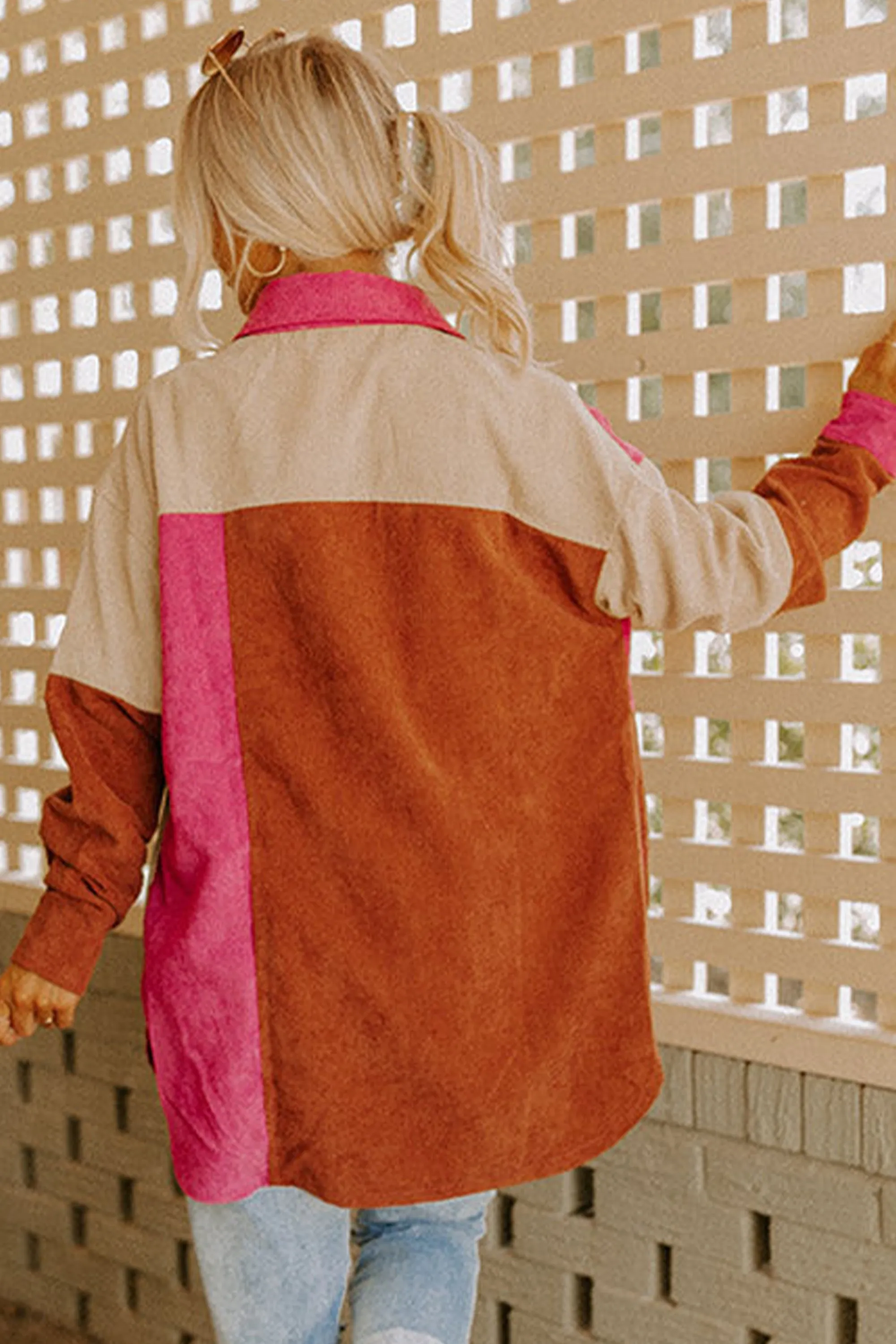 Rose Red Colourblock Curved Hem Corduroy Shacket with Pocket sold by Beagle Boutique product image thumbnail 2