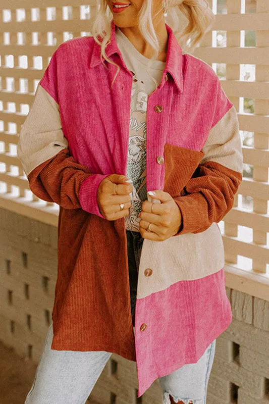 Rose Red Colourblock Curved Hem Corduroy Shacket with Pocket sold by Beagle Boutique