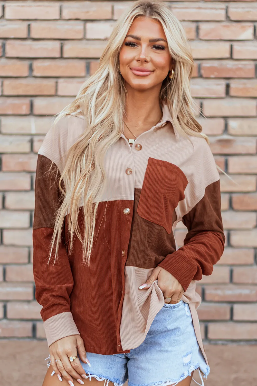 Cinnamon Colourblock Curved Hem Corduroy Shacket with Pocket sold by Beagle Boutique product image thumbnail 5