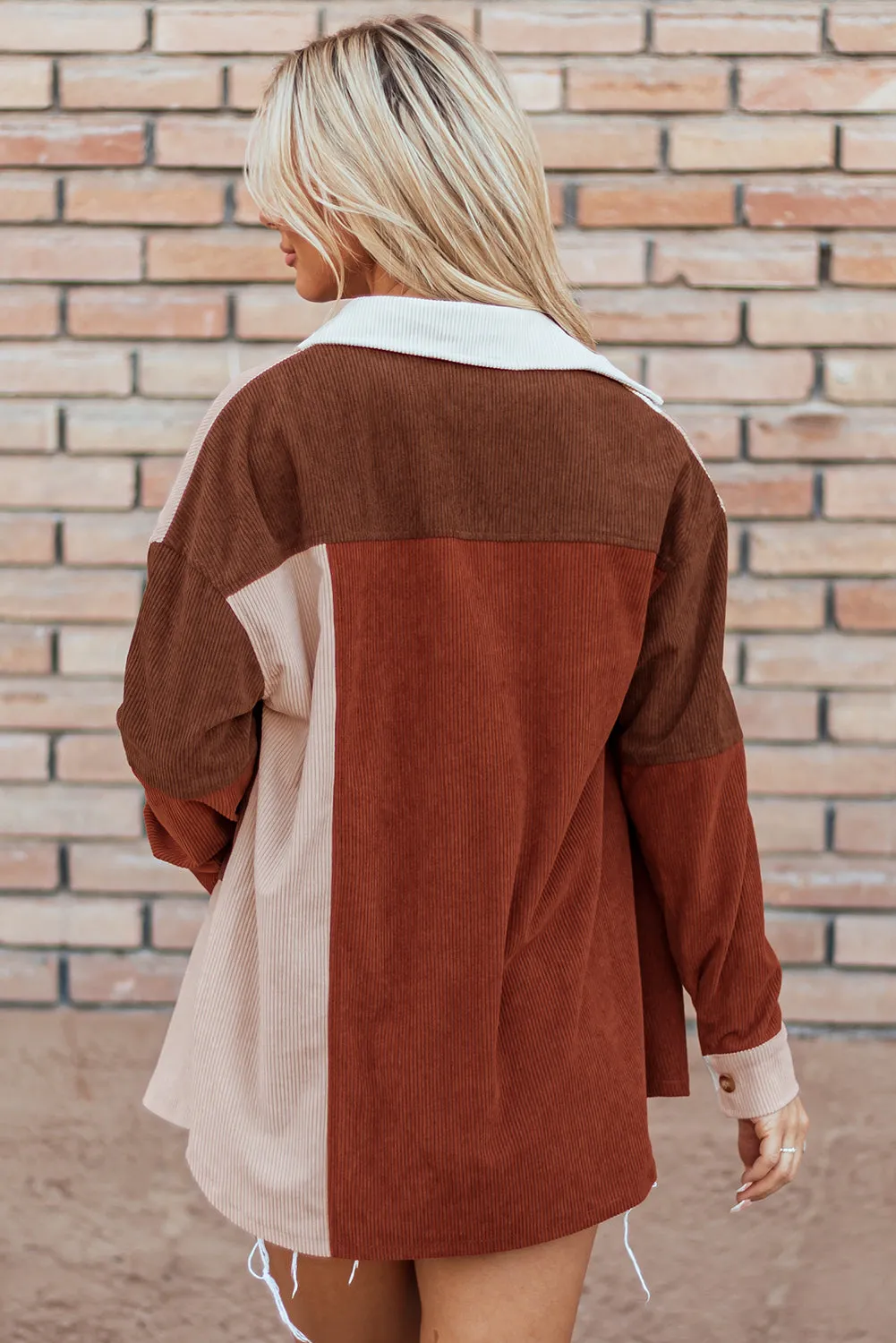 Cinnamon Colourblock Curved Hem Corduroy Shacket with Pocket sold by Beagle Boutique product image thumbnail 2