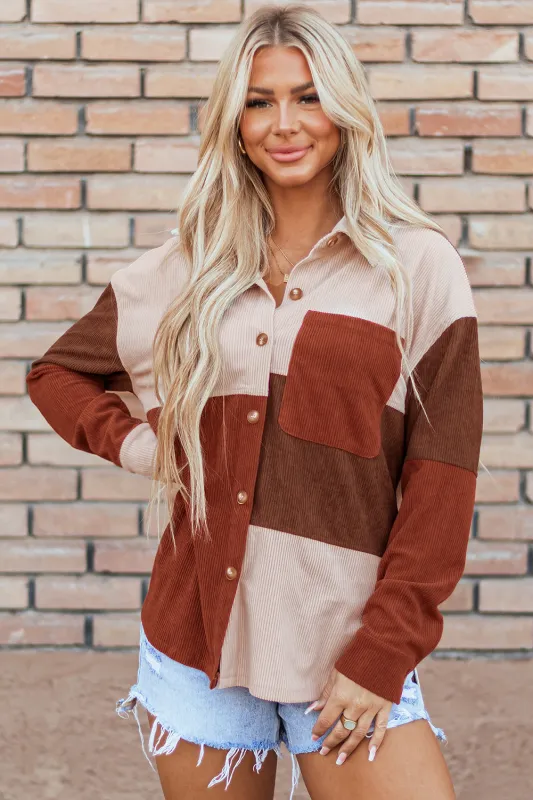 Cinnamon Colourblock Curved Hem Corduroy Shacket with Pocket sold by Beagle Boutique
