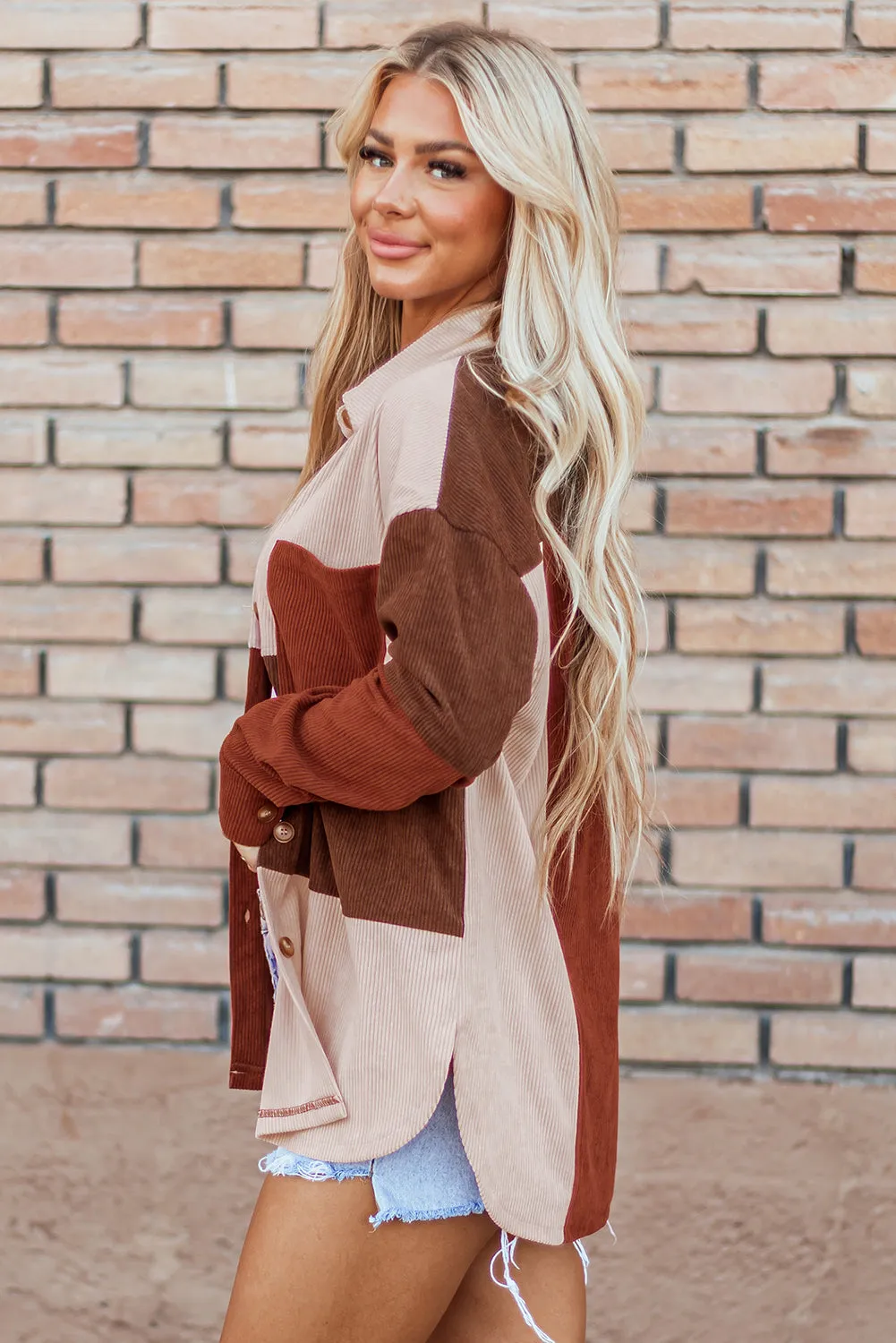 Cinnamon Colourblock Curved Hem Corduroy Shacket with Pocket sold by Beagle Boutique product image thumbnail 3