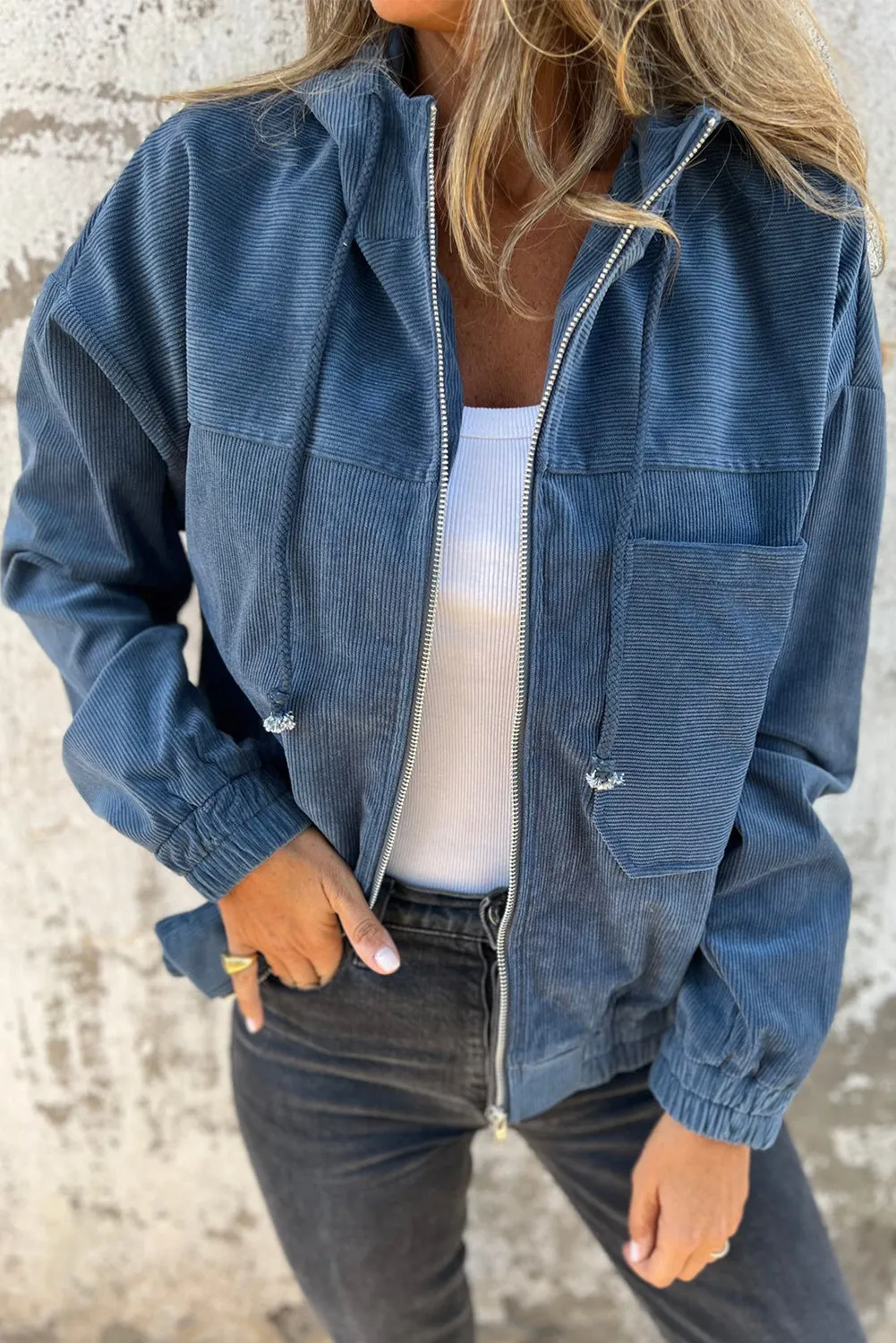 Real Teal Corduroy Drawstring Hooded Pocket Zip Up Jacket sold by Beagle Boutique