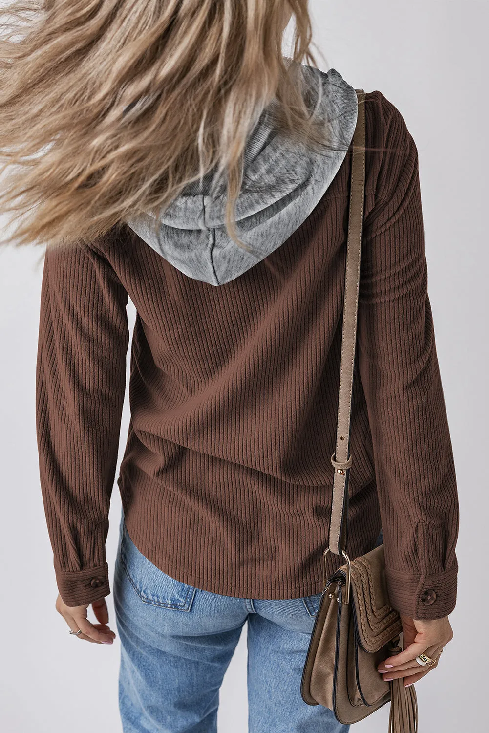 Coffee Hooded Drawstring Pockets Corduroy Shacket sold by Beagle Boutique product image thumbnail 2