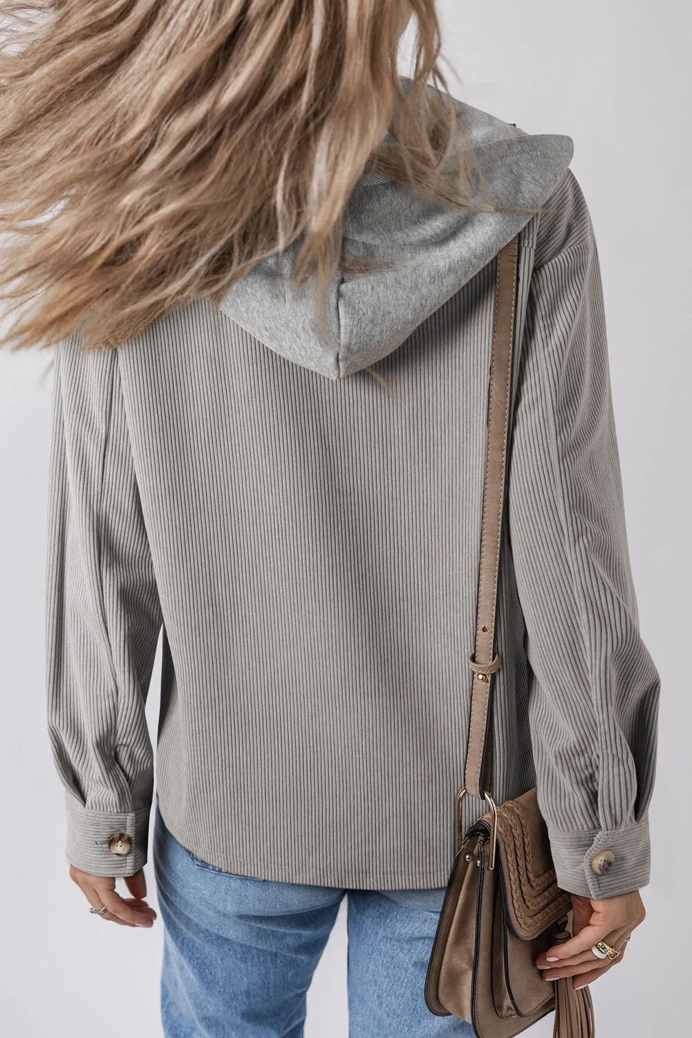 Light Grey Hooded Drawstring Pockets Corduroy Shacket sold by Beagle Boutique product image thumbnail 2