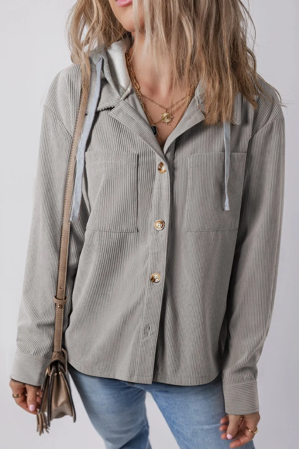 Light Grey Hooded Drawstring Pockets Corduroy Shacket sold by Beagle Boutique