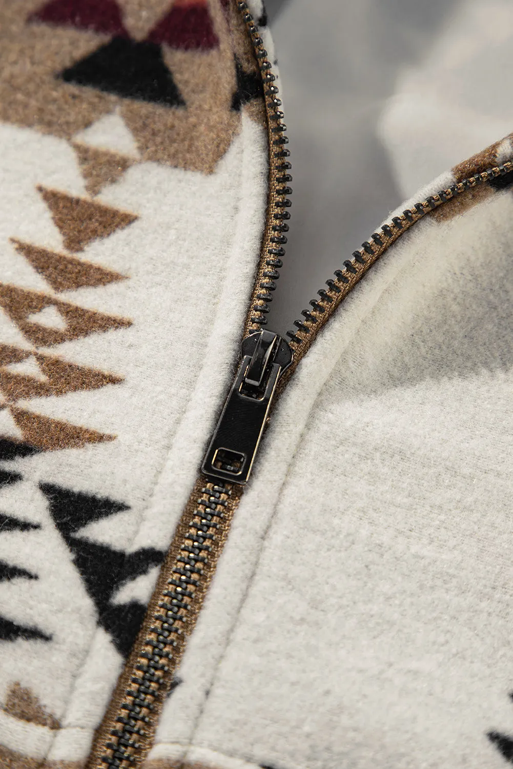 Beige Aztec Printed Stand Neck Zip Up Jacket sold by Beagle Boutique product image thumbnail 5