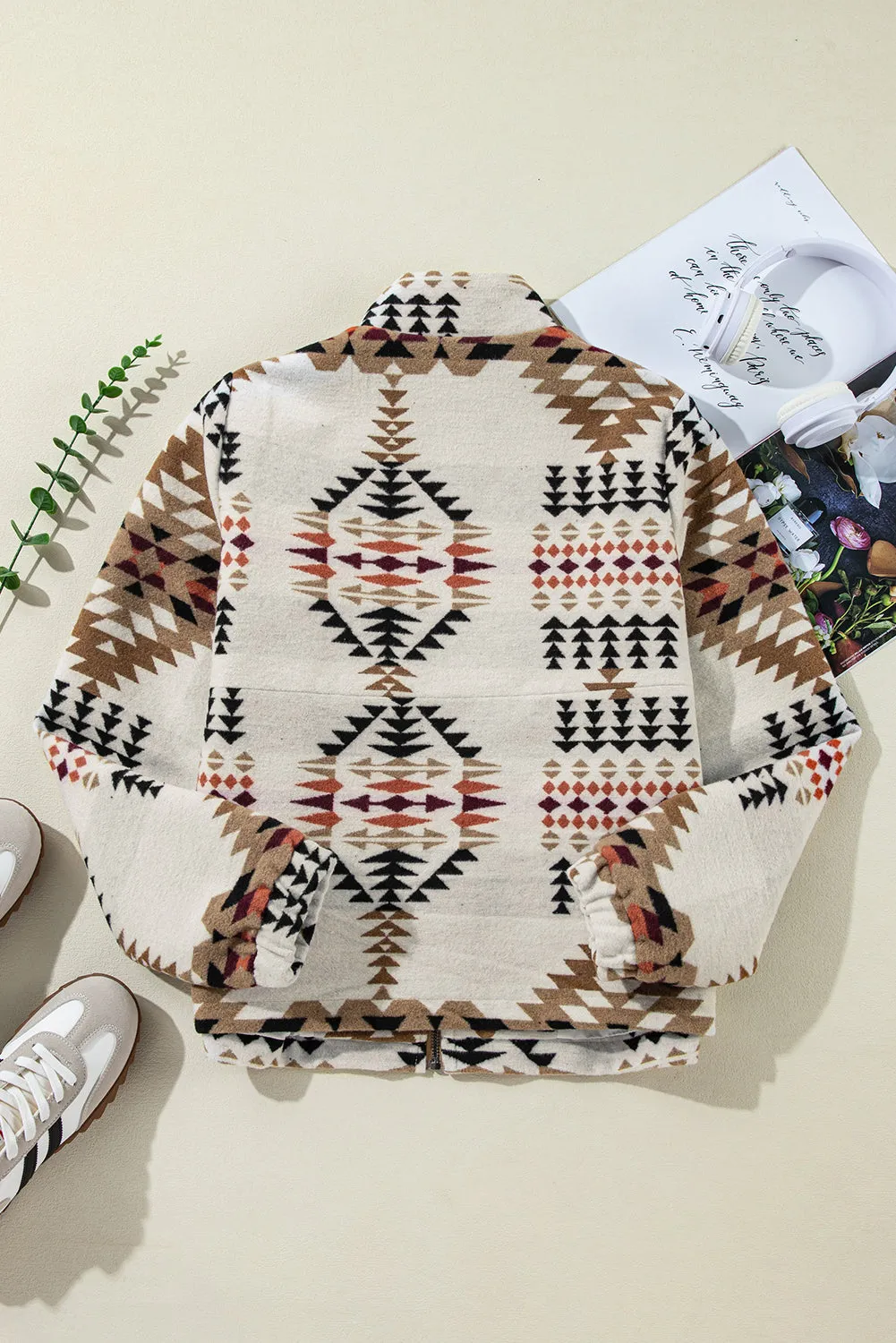 Beige Aztec Printed Stand Neck Zip Up Jacket sold by Beagle Boutique product image thumbnail 2