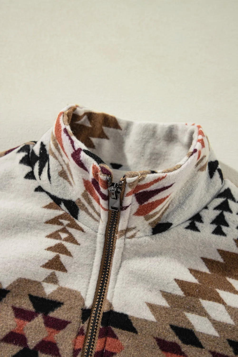 Beige Aztec Printed Stand Neck Zip Up Jacket sold by Beagle Boutique product image thumbnail 4
